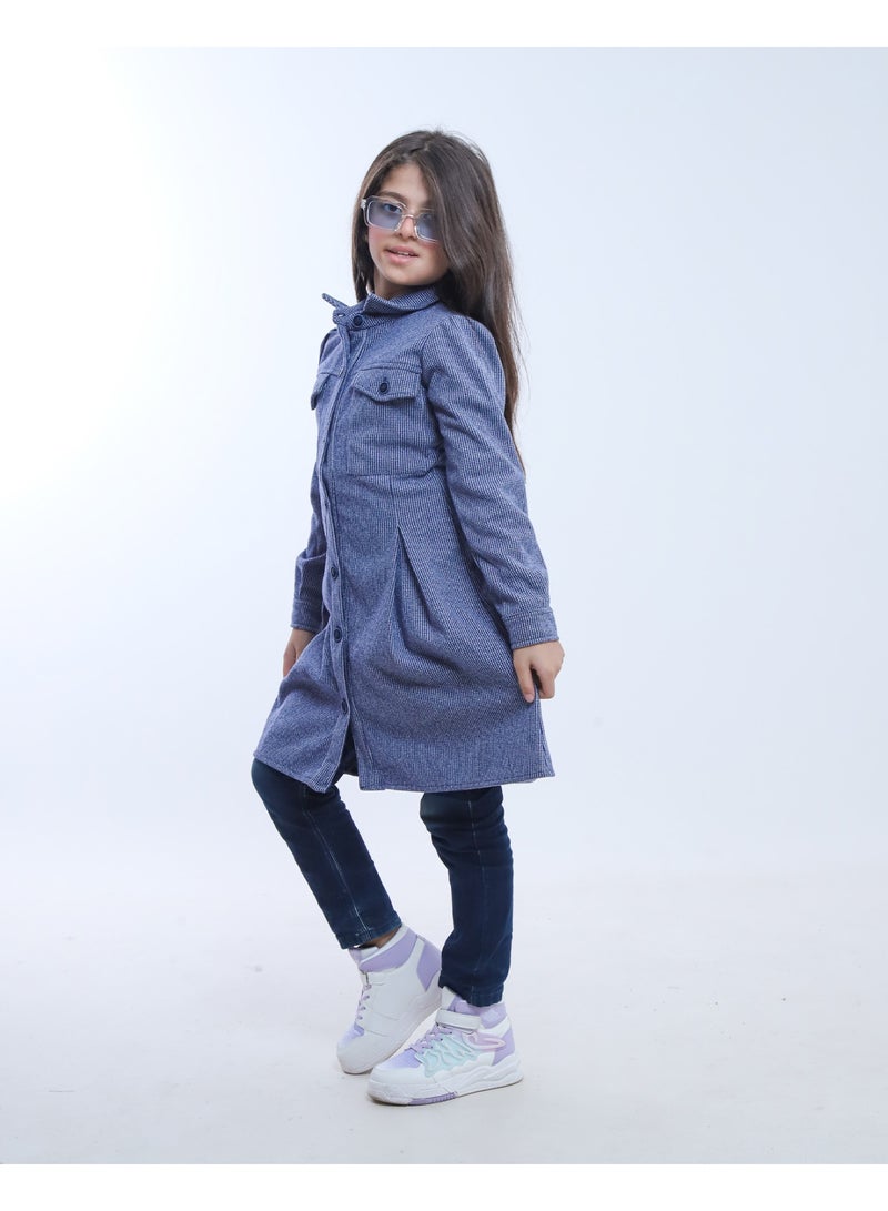 بيبو فستان بناتي سادة قصير أكمام طويلة_ازرق - Image 3